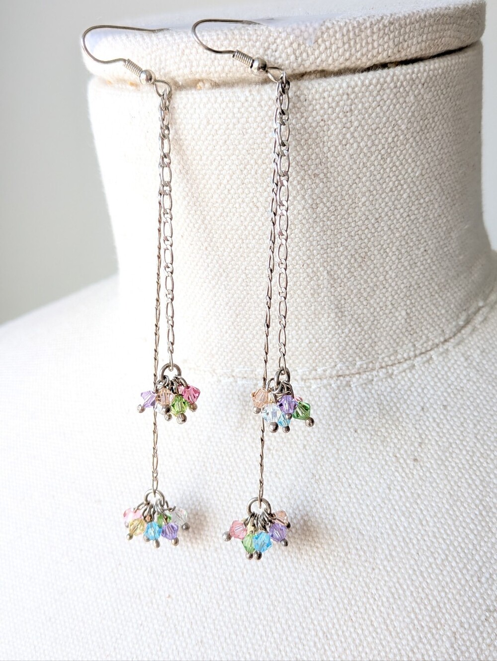 Pastel Cluster Long Dangle Earring Silver Tone Tiered Drop